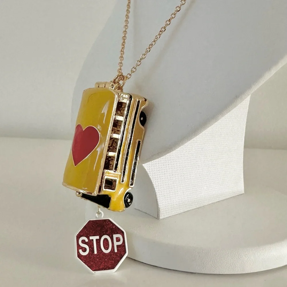 Betsey Johnson BACK TO SCHOOL Gold Tone Yellow Bus Heart Locket Long Nec… - Picture 4 of 14